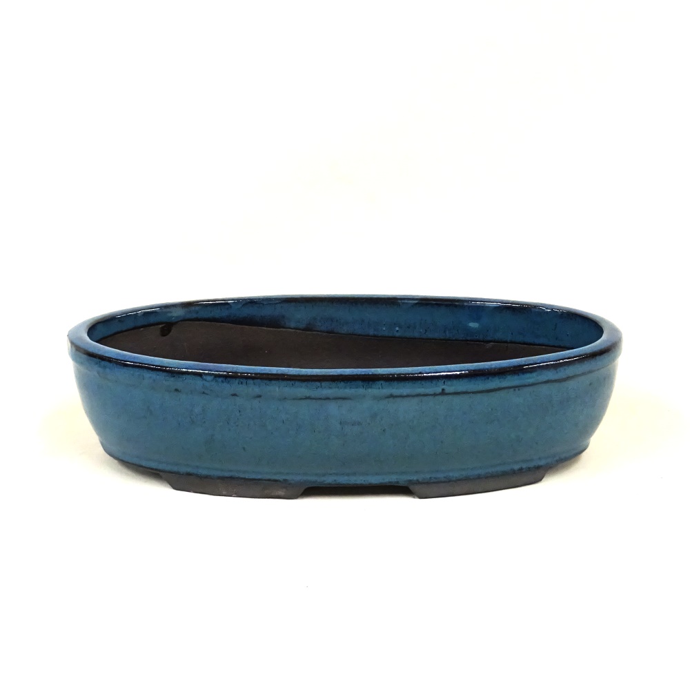 Glasierte handgetpferte, ovale Bonsaischale, 26cm, blau